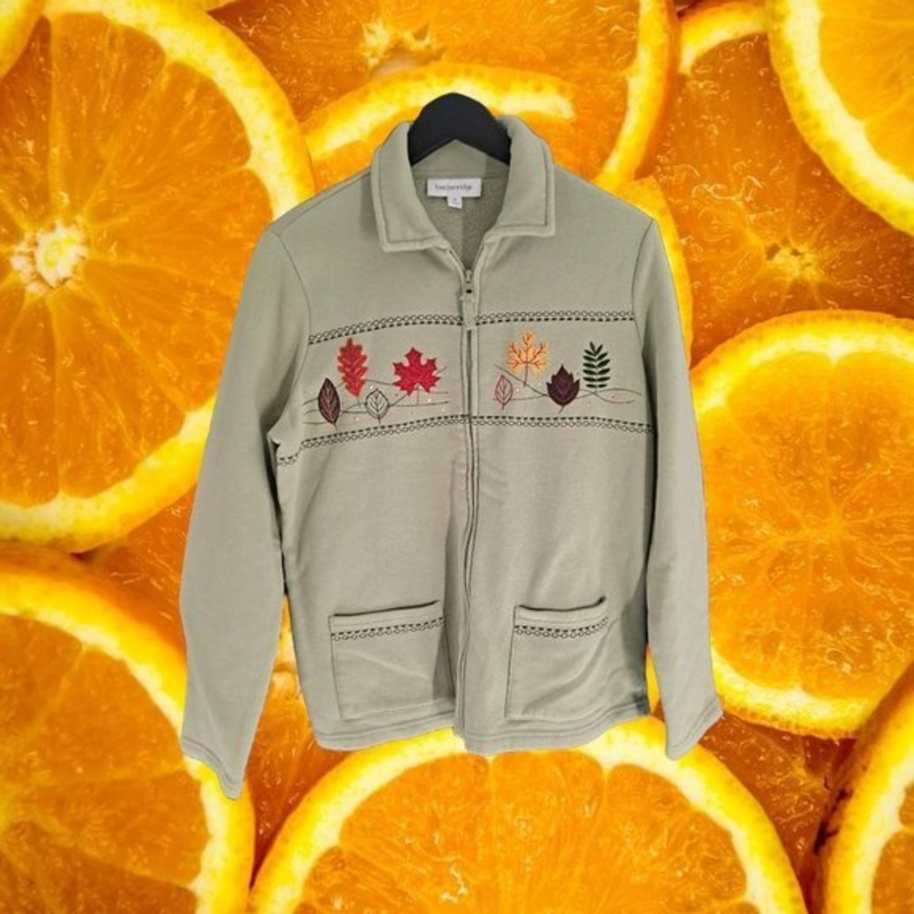 GRANDMA Chic Zipper Front Colorful Leaf Sweatshirt Size M